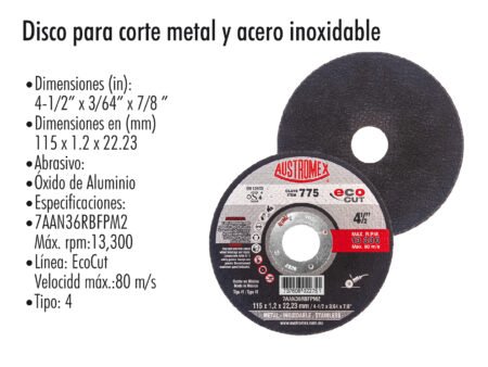 Disco para corte metal y acero inoxidable