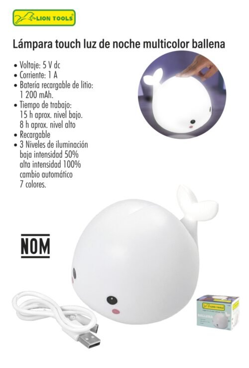 Lampara touch luz de noche multicolor ballena