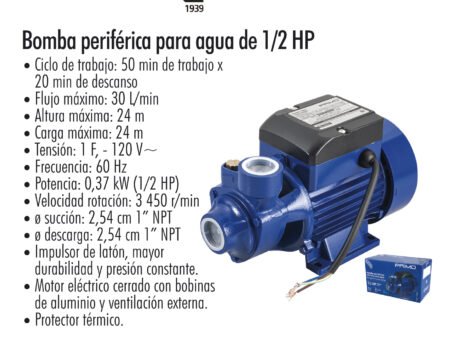 Bomba periférica para agua de 1/2 hp