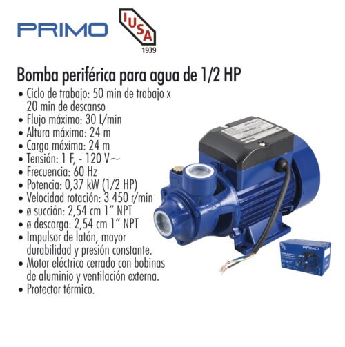 Bomba periférica para agua de 1/2 hp