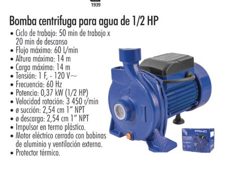 Bomba centrífuga para agua de 1/2 hp