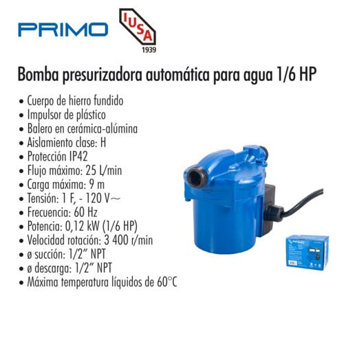 Bomba presurizada automática para agua 1/6 hp