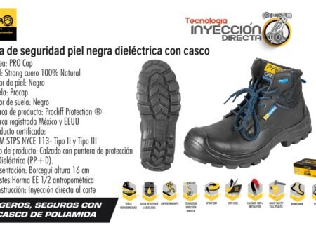 Bota de seguridad piel negra dielectrica con casco