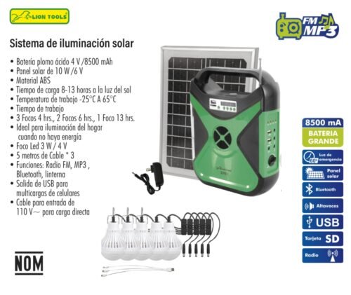 Sistema de iluminacion solar, con radio y 5 focos