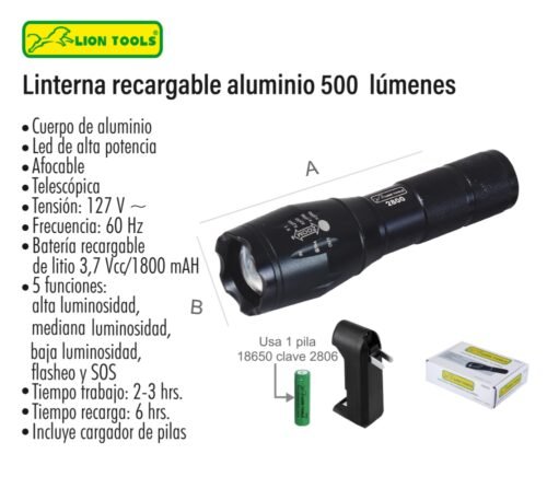 Linterna recargable aluminio  500 lúmenes