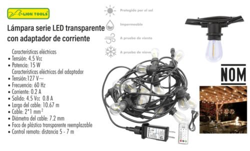 Lampara serie led transparente con adaptador de corriente