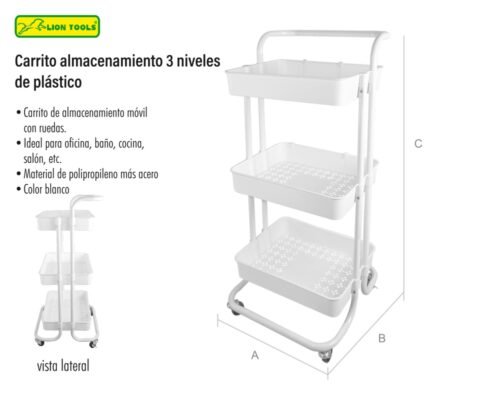 Carrito almacenamiento 3 niveles de plástico