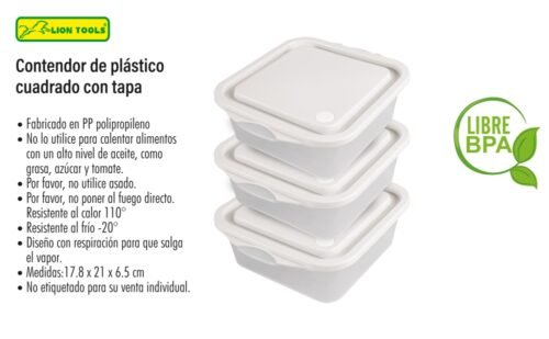 Contenedor de plástico cuadrado con tapa.