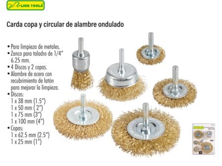Carda copa y circular de alambre ondulado 6 piezas