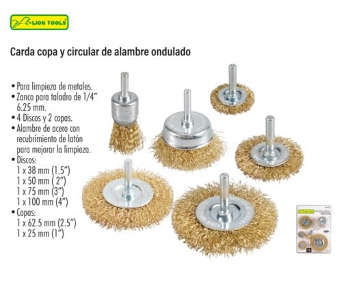 Carda copa y circular de alambre ondulado 6 piezas