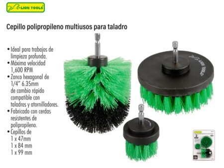 Cepillo polipropileno multiusos para taladro 3 piezas