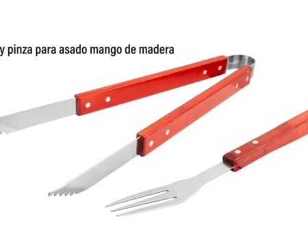 Juego de tenedor y pinza para asado mango de madera