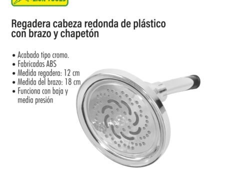 Regadera cabeza redonda de plástico con brazo y chapetón 12 cm