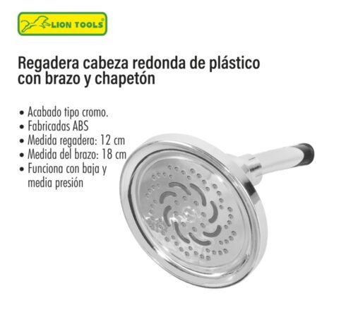 Regadera cabeza redonda de plástico con brazo y chapetón 12 cm