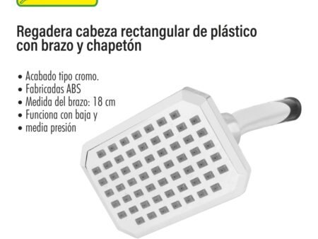 Regadera cabeza cuadrada de plástico con brazo y chapetón.