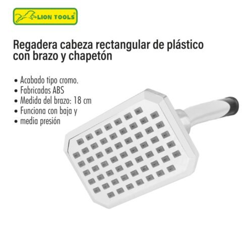 Regadera cabeza cuadrada de plástico con brazo y chapetón.