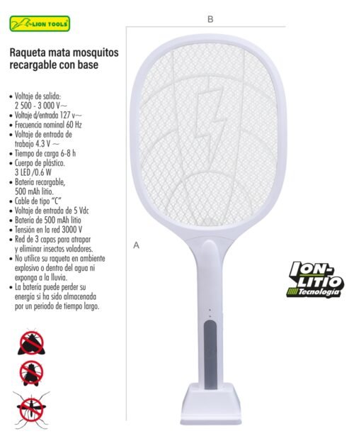 Raqueta mata mosquitos recargable con base