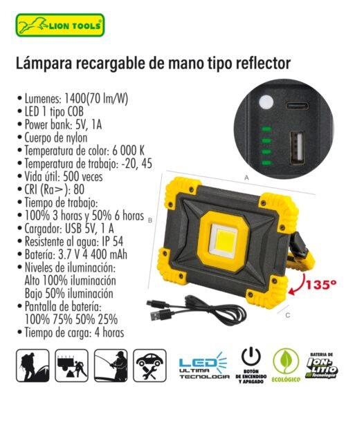 Lampara recargable de mano tipo reflector